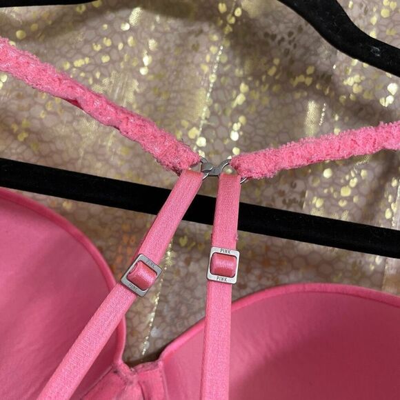 Vintage Y2K PINK Victorias Secret Hot Pink Metallic Cheetah Flirt Push Up Bra 34 - Picture 9 of 9
